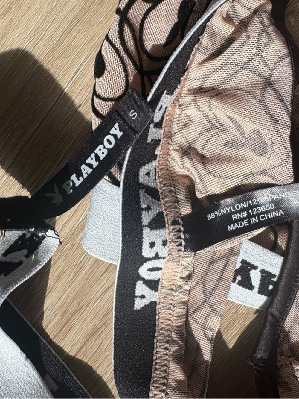 Playboy Women's Heart Print Bralette & Thong Set in Nude/Black crushed velvet - Picture 4 of 9